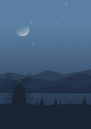 Rural night landscape with windmills in Holland illustration. Vector 2d illustration of beautiful summer fields. Blue hills, starry blue sky, country background. Springtime panorama flat cartoon style banner.のイラスト素材
