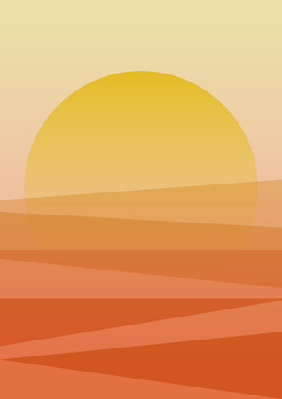 Sunny valley gradient landscape background illustration poster. Aesthetic mountains and dunes landscape poster. Nature, organic, environment banners, postcard, poster designのイラスト素材