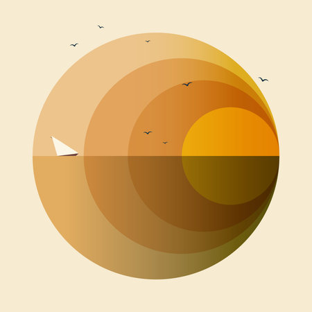 Sunrise and flying birds aesthetic simple illustration poster. Gradient art with flying seagulls. Scandinavian nature fjord in flat style. Sailing ship. Baby print, art print for bedroom decor..のイラスト素材