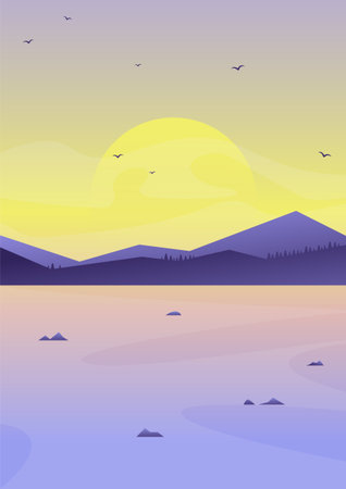 Morning landscape with spring sea vector illustration. Massive rocks Alaska seaside. Scandinavian nature, fjord in flat style. Mid century modern minimalist art print.のイラスト素材