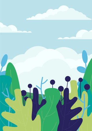 Floral background of bright summer foliage plants. Vertical 2d banner with abstract spring leaves. Multicolored flat vector illustration of modern botanical backdropのイラスト素材