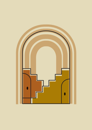 Burnt orange terracotta colors balancing shapes poster. Minimalist aesthetic gates illustration. Home decor wall prints. Modern wallpaper art boho style artistic design. Contemporary artistic printable EPS10 vectorのイラスト素材