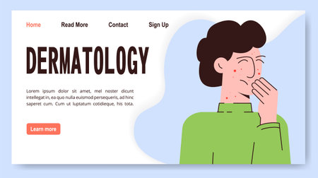 Boy with dermatology problem skin banner. Cartoon scene skin problem isolated on white background. Causes and methods of treating acne. Medical poster or banner. Flat cartoon vector illustrationのイラスト素材