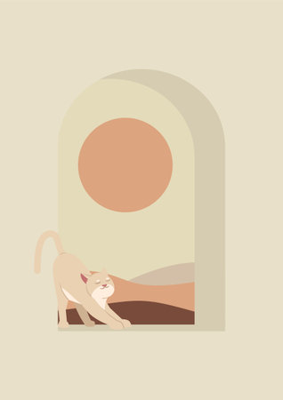 View from the window, cat peeking through the window. Cat life concept, vector illustration. Desert landscape. Cute kitty walking on the windowsill minimalist art printのイラスト素材