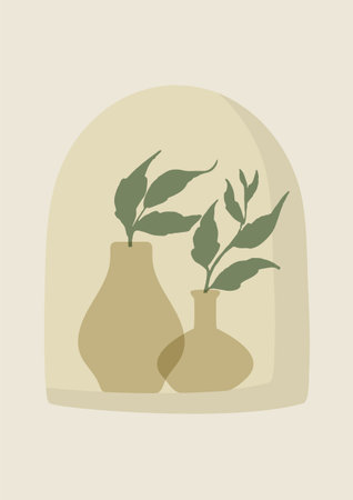 Pottery workshop vector drawing with vases and branch. Aesthetic illustration with bottle and leaves. Artwork elements for print, a4 vector. Floral bohemian illustrationのイラスト素材