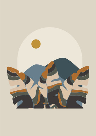 Modern minimalist landscape aesthetic illustration. Bohemian style floral flat wall decor. Abstract nature art mountain poster. Hand drawn contemporary artistic poster.のイラスト素材