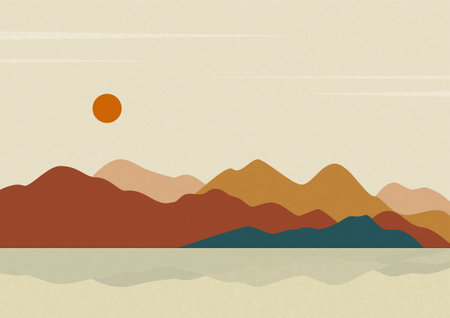 Seaside and mountains landscape illustration poster. Morning 2d panorama near lake. Minimalistic modern vector cartoon art. Trendy contemporary design. Colorful childish wall art decor.のイラスト素材