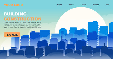 Banner for construction buildings company site flat design. Blue city building silhouette illustration vector, urban cityscape design for website backgroundのイラスト素材