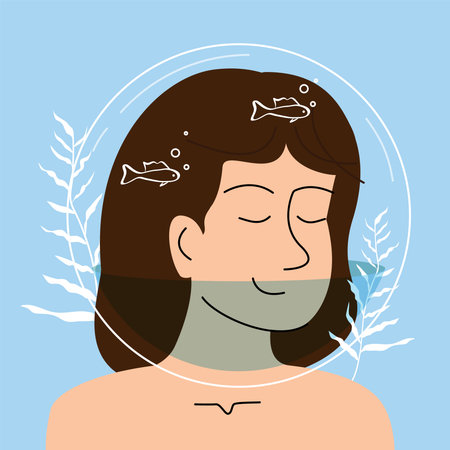 Woman mental health psychology vector illustration. 2d cartoon Introverted woman with aquarium on head. Positive thinking, self care, healthy slow life. Wellbeing, wellness mind. Acceptance, blooming brain abstract illustrationのイラスト素材