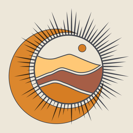 Mystical drawing of moon and valley badge design. Desert simple vector illustration. Sand, sunset landscape aesthetic outline iconのイラスト素材