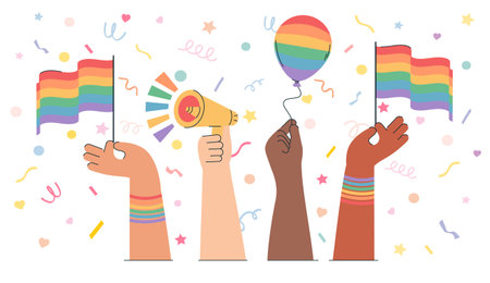 Hands holding lgbt elements pride month illustration. Take care love concept, supporting LGBTQ community. Pride month celebration against violence, discriminations, human rights violationのイラスト素材