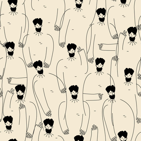 Cartoon men faces crowd doodle seamless pattern. Hand drawing people on beige background. Vector Illustration doodle line art style. Abstract design for paper, cover, fabric, print.のイラスト素材