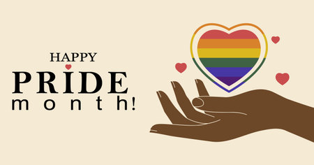 LGBTQ+ banner with heart symbol celebrating Pride Month. Rainbow LGBTQ heart, pride month banner. Multiracial love. Template for banner, poster with text inscription.のイラスト素材