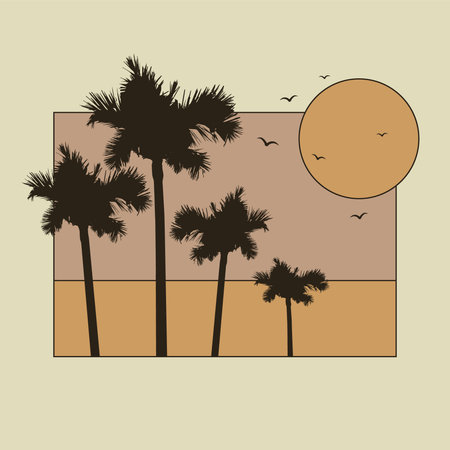 Sunset with the palms tree on beige background. Minimalist Miami beach landscape. Aesthetic 2d vector artwork. Modern minimal linear badge, emblem for social media, vacations rentals and travel services.のイラスト素材