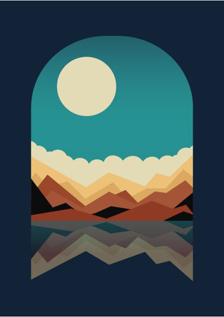 Seaside and mountains landscape illustration view. Dusk panorama near lake 2d poster. Minimalistic modern vector cartoon art. Trendy contemporary design. Colorful childish wall art decor.のイラスト素材