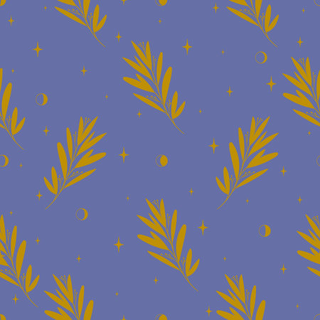 Orange blue leaf seamless doodle pattern. Random placed vector plants and stars on dark blue background. Night sky pattern 2d wallpaper, fabric print.のイラスト素材
