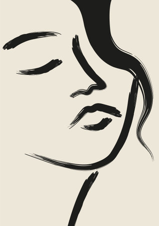 Ink line art simple woman portrait interior poster. Abstract linear minimalistic face composition. Monochrome print for clothes, textile and other. Vector fashion illustration artのイラスト素材