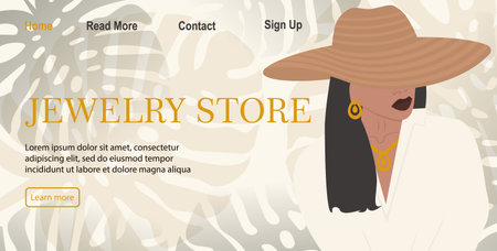 Fashion woman banner for online store. Elegant girl in hat and floral background. Online wedding accessories store. Template for banner, poster with text inscription. Vector illustrationのイラスト素材