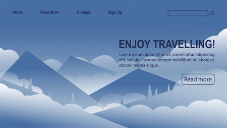 Concept website design for travel agency. Winter vacation and outdoor recreation template. Beautiful flat nature landscape 2d cartoon flat banner. Vacation and journey to nature.のイラスト素材