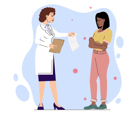 Afro woman monkeypox virus contact doctor vector illustration. New orthopox virus outbreak pandemic. Simple cartoon style illustration for web graphic design and animationのイラスト素材
