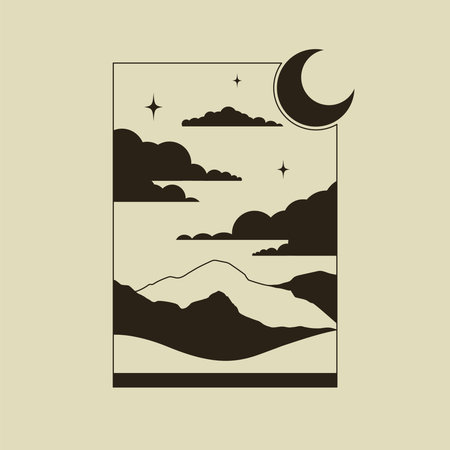 Minimalist mountains mountains in the night. Aesthetic desert silhouette 2d vector artwork. Modern minimal linear badge, emblem for social media, vacations rentals and travel services.のイラスト素材