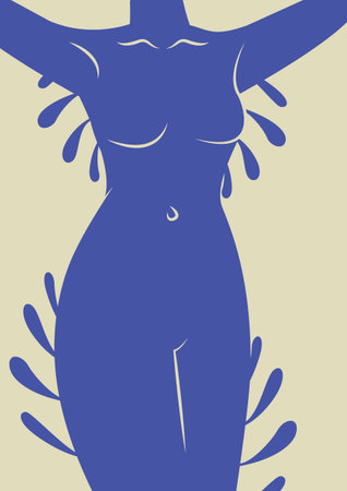 Female body with floral elements blue poster. Abstract woman silhouette in Matisse style. Wallpaper design, wall decor, print. Vector illustration.のイラスト素材