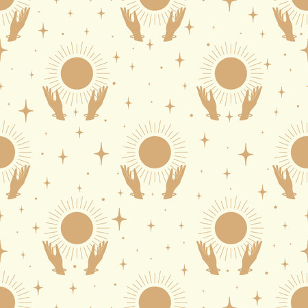 Seamless beige pattern with hands holding sun. Vector tribal illustration. Aesthetic esoteric artwork. Halloween, Mubarak art. For wrapping paper, fabric print, wallpaperのイラスト素材