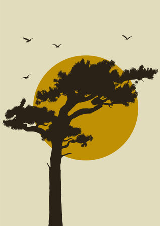 Summer landscape sunset aesthetic tree silhouette poster. Wall art banner wallpaper background rural peace color nature vector illustrationのイラスト素材
