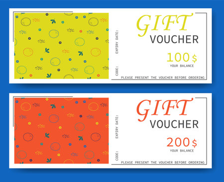 Floral colorful design gift voucher. Set of simple voucher with flourish pattern. Vector template for gift card, coupon and certificate with colorful background. Isolated from the background.のイラスト素材