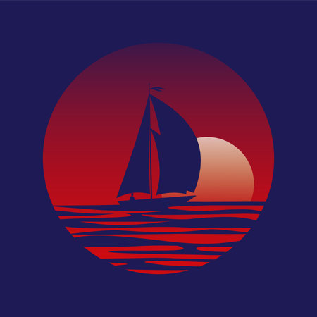 Nordic nature landscape in flat style. Scandinavian sea logo vector illustration. Norwegian fjord. Nordic nature landscape in flat style. Sailing ship near seaside, winter river travel viewのイラスト素材