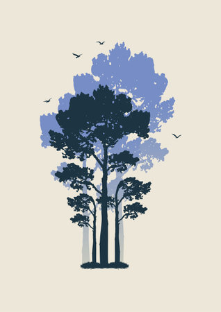 Aesthetic summer tree silhouette poster. Peaceful rural nature vector illustration. Wall art banner wallpaper background. Magical misty landscape.のイラスト素材