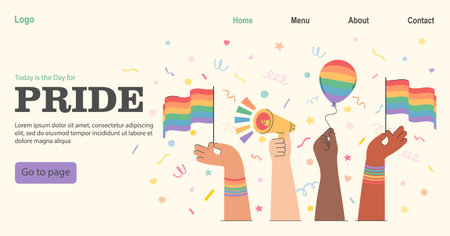 Diverse people hands holding LGBT flag pride banner. LGBT elements pride month illustration. Pride month celebration against violence, discriminations, human rights violationのイラスト素材
