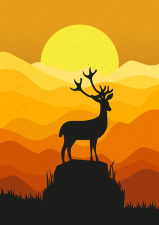 Silhouette of deer standing on the cliff in the dusk. Magical misty landscape, sunset gradient illustration. Boho wall decor. Mid century modern minimalist art print.のイラスト素材