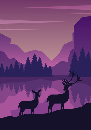 Silhouette of deer standing on the hill in night valley. Magical misty pink and blue gradient illustration. Boho wall decor. Vector cartoon silhouettes of mountains, hills and trees and lakeのイラスト素材