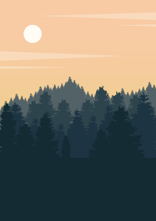 Autumn Alps forest illustration. Mountains and trees in background. Magical misty landscape. Minimalist wall decor, vector a4 art printのイラスト素材