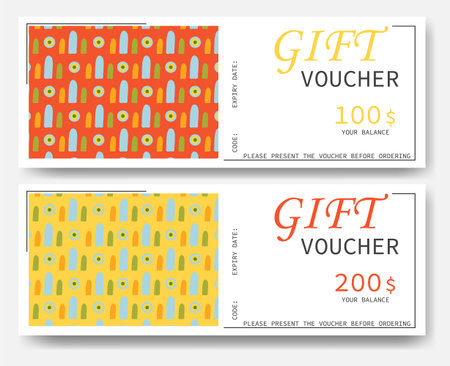Colorful design gift voucher. Set of simple voucher with abstract easter pattern. Vector template for gift card, coupon and certificate with colorful background. Isolated from the background.のイラスト素材