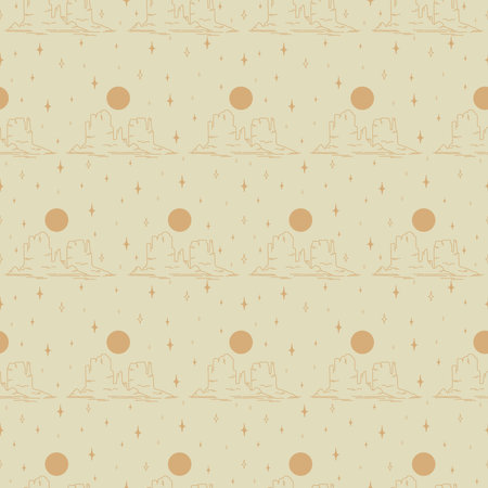 Seamless desert pattern. Vintage beautiful seamless desert illustration pattern. Landscape with mountains, sunset vector hand drawn style for wallpaper, fabric, astrology. Vector illustrationのイラスト素材