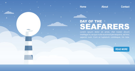 Day of the Seafarer 25 June banner. Social media 2d cartoon template. World Maritime Day. Explore Nature Landing web page with lighthouse on the island by the seaのイラスト素材
