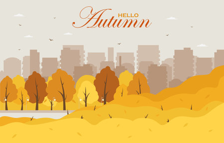 Autumn city park scene banner illustration. Parkland trail with trees and bushes with falling leaves. Cityscape with skyscrapers and gray sky with clouds in the backgroundのイラスト素材