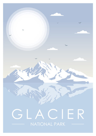 Glacier Bay National Park landscape travel poster. Modern poster with frozen mountains, minimalist 2d art. Vector art print of Antarcticaのイラスト素材