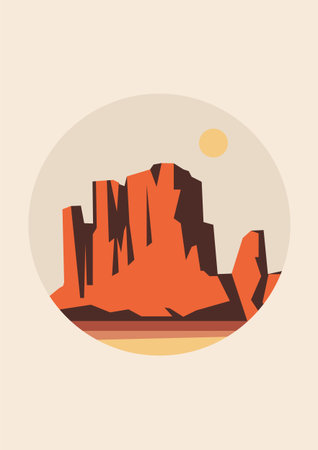 Death Valley National Park illustration. Rocky Desert landscape, american valley 2d badge art. Colorful cartoon wild west scenery. Aesthetic minimalist panorama posterのイラスト素材