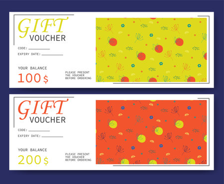 Floral colorful design gift card. Set of simple voucher with flourish pattern. Vector template for gift coupon and certificate with colorful background. Isolated from the background.のイラスト素材