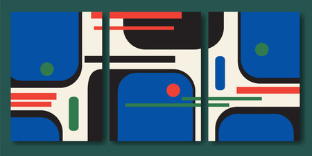 Vintage retro Bauhaus poster design collection. Minimalist poster flat geometric art postcards. Colorful design for poster, vector template. Aesthetic minimalist geometric elements interior art.のイラスト素材
