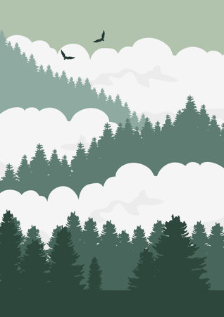 Abstract winter landscape postcard composition. Mountains forest cloudscape flat illustration. Wall art background rural peace color nature vector illustrationのイラスト素材