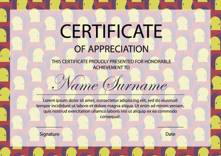 Diploma template with abstract elements. Certificate of appreciation school sheet. Modern diploma with abstract geometric elements. Certificate template with aesthetic pattern.のイラスト素材