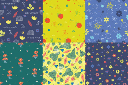 Colorful and bright springtime elements seamless pattern set. Leaves and flowers on bright background. Floral spring vector illustration. Vector endless texture for digital paper, fabric.のイラスト素材