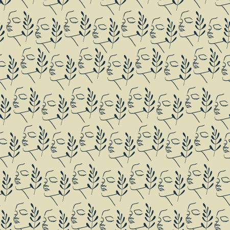 Female faces neutral colors seamless pattern. Continuous line pattern, drawing of woman. Fashion minimalist concept vector illustration. For wrapping paper, surface, textile printのイラスト素材