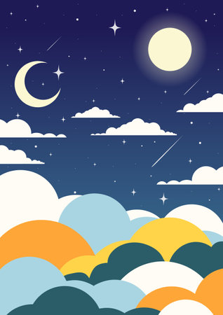 Beautiful poster with moon in starry sky. Baby's room with stars, clouds 2d art. Flat cartoon colorful vector illustrationのイラスト素材