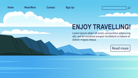Morning landscape with mountains travel banner. Concept website design for travel agency. Beautiful flat nature landscape 2d cartoon flat banner. Vacation and journey to nature.のイラスト素材