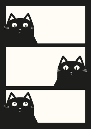 Cat heads peeking out from the corner poster. Black kitten surprised face. Cartoon simple characters. Flat design. Yellow vector background with pawsのイラスト素材